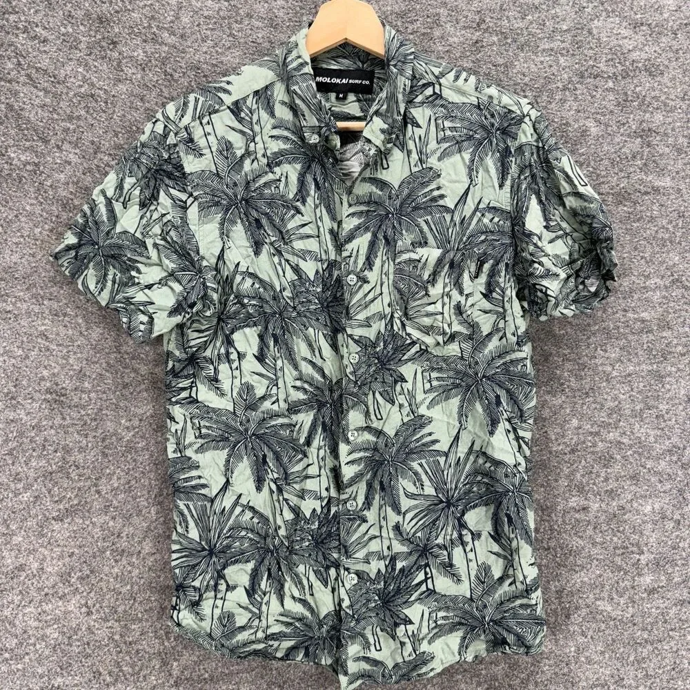 Molokai Shirt Men M Medium Gray Floral Button Up Collared Short Sleeve Rayon